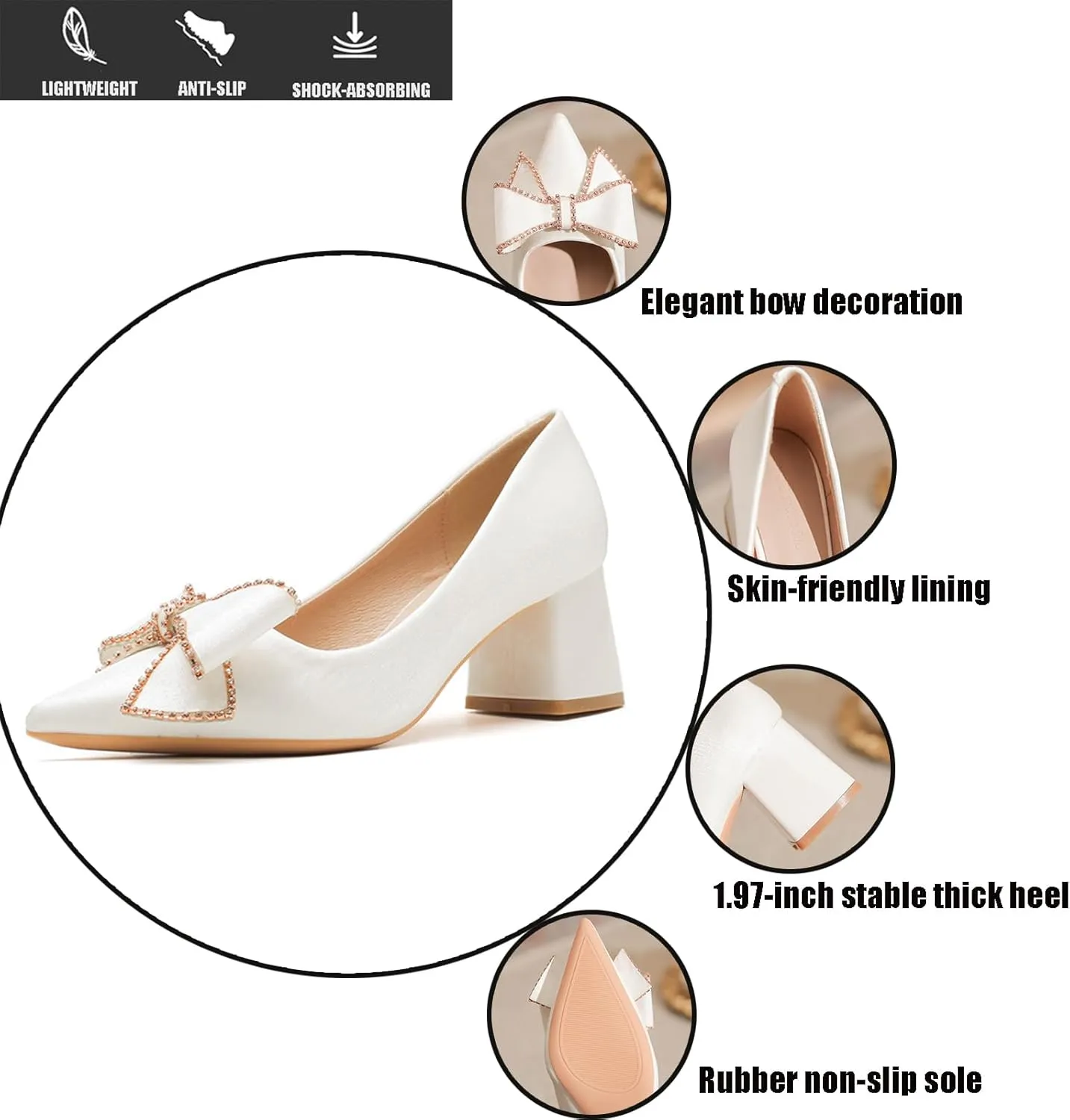 Women's Bow Chunky Heel Dress Pumps Fashion Pointed Toe Slip-On Mid Block Heel Office Work Formal Shoes Grace Party Prom Bridal Shoes