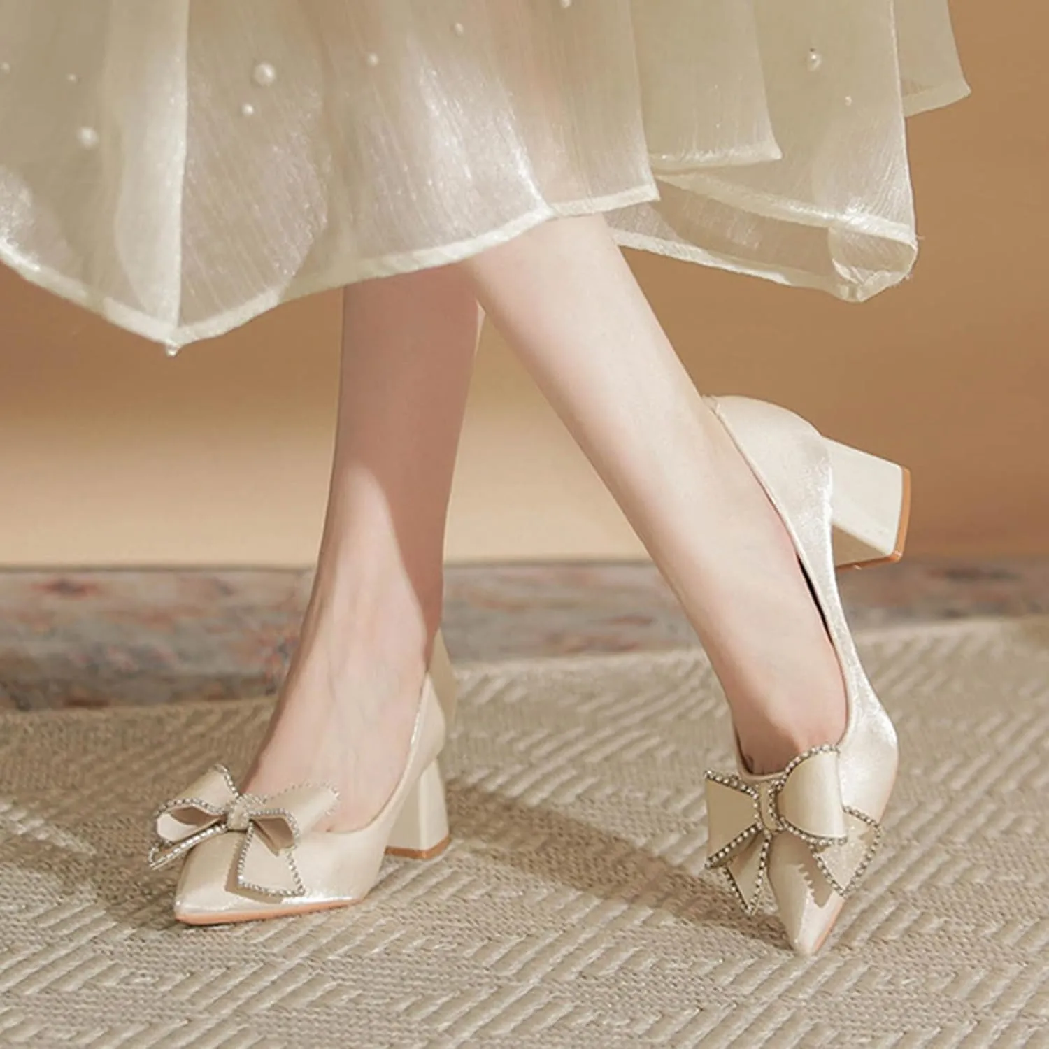 Women's Bow Chunky Heel Dress Pumps Fashion Pointed Toe Slip-On Mid Block Heel Office Work Formal Shoes Grace Party Prom Bridal Shoes