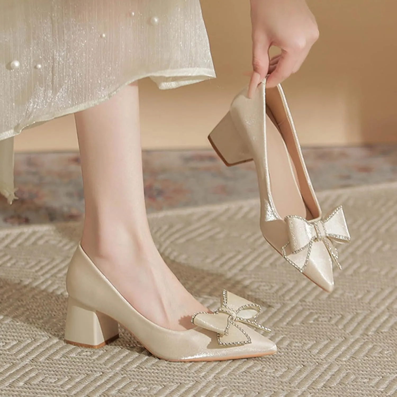 Women's Bow Chunky Heel Dress Pumps Fashion Pointed Toe Slip-On Mid Block Heel Office Work Formal Shoes Grace Party Prom Bridal Shoes