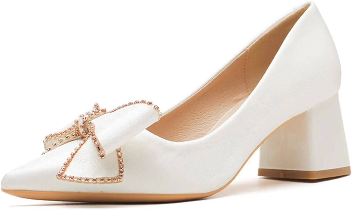 Women's Bow Chunky Heel Dress Pumps Fashion Pointed Toe Slip-On Mid Block Heel Office Work Formal Shoes Grace Party Prom Bridal Shoes