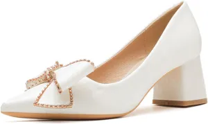 Women's Bow Chunky Heel Dress Pumps Fashion Pointed Toe Slip-On Mid Block Heel Office Work Formal Shoes Grace Party Prom Bridal Shoes