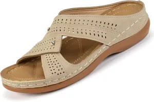 Women's Breathable Wedge Sandals Dressy & Casual - Soft Leather Slip-On Summer Shoes with Orthopedic Support, Non-Slip Rubber Sole Platform for All-Day Comfort Walking