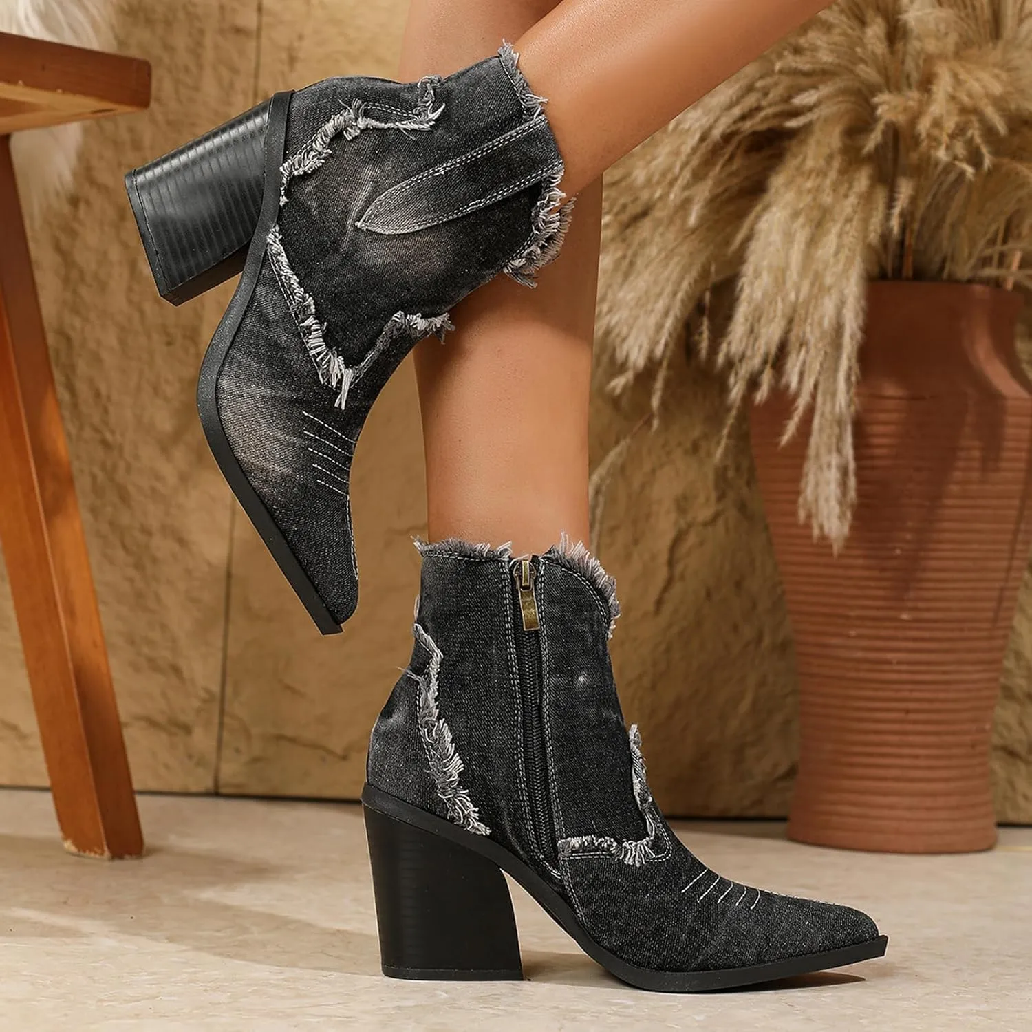 Women's Denim Block Heel Western Ankle Boots with Side Zipper Fashion Pointed Toe Chunky Heel Cowboy Booties Comfort Non-Slip Casual Party Booties