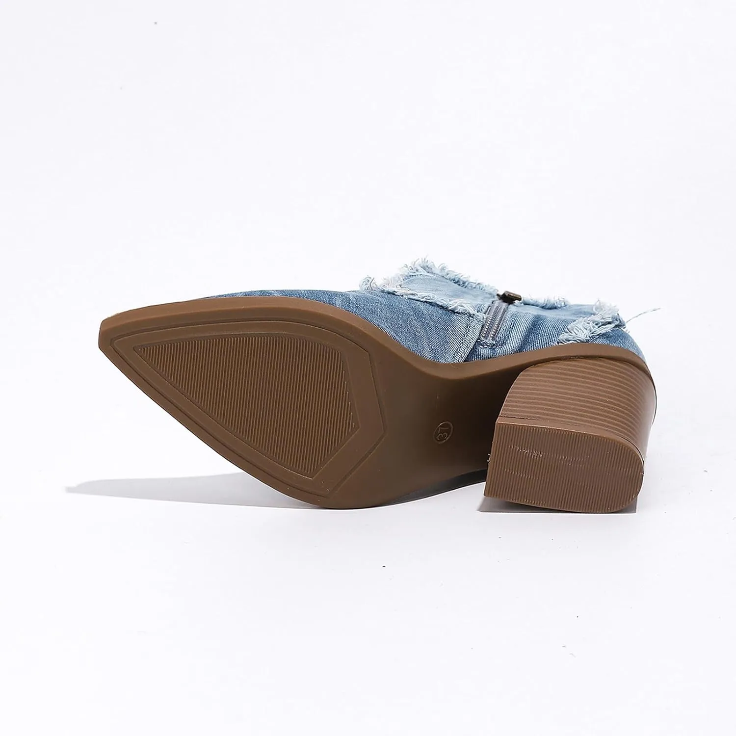 Women's Denim Block Heel Western Ankle Boots with Side Zipper Fashion Pointed Toe Chunky Heel Cowboy Booties Comfort Non-Slip Casual Party Booties