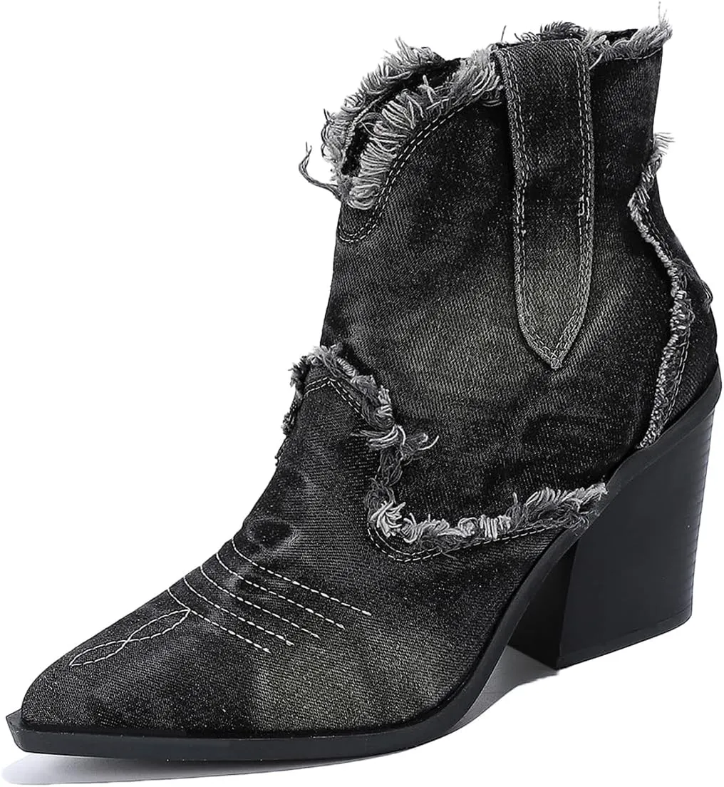 Women's Denim Block Heel Western Ankle Boots with Side Zipper Fashion Pointed Toe Chunky Heel Cowboy Booties Comfort Non-Slip Casual Party Booties