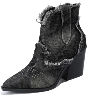 Women's Denim Block Heel Western Ankle Boots with Side Zipper Fashion Pointed Toe Chunky Heel Cowboy Booties Comfort Non-Slip Casual Party Booties