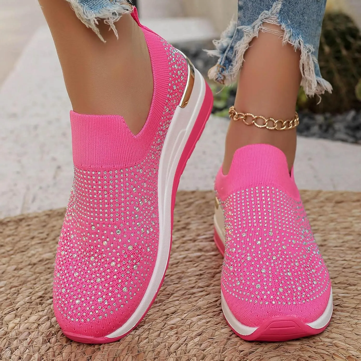 Women's Fashion Glitter Sneakers Platform Wedge Shoes Sparkly Rhinestone Mesh Slip-on Sneakers Breathable Spakle Shoes