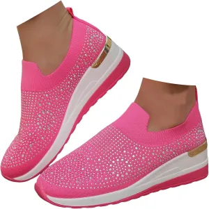 Women's Fashion Glitter Sneakers Platform Wedge Shoes Sparkly Rhinestone Mesh Slip-on Sneakers Breathable Spakle Shoes