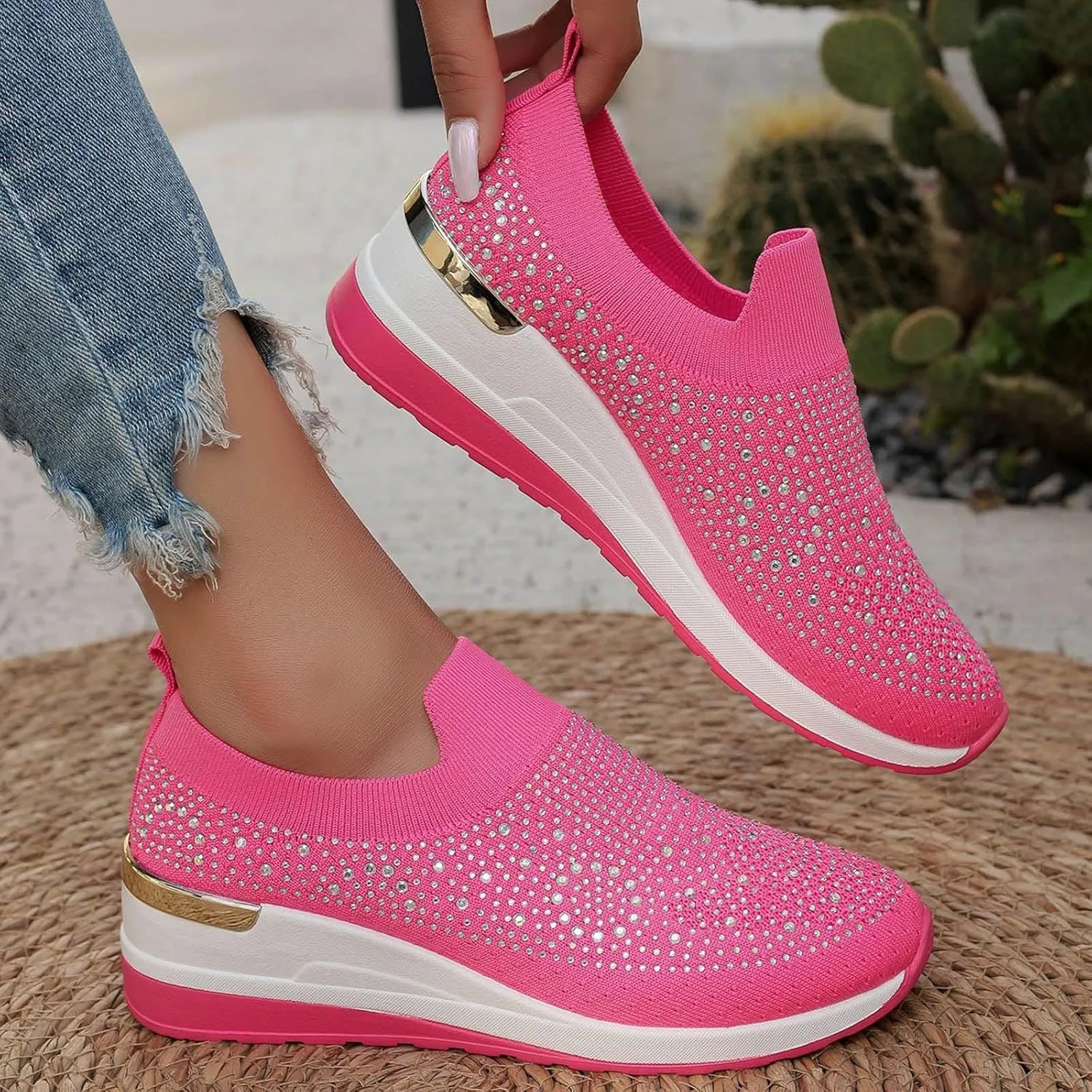 Women's Fashion Glitter Sneakers Platform Wedge Shoes Sparkly Rhinestone Mesh Slip-on Sneakers Breathable Spakle Shoes