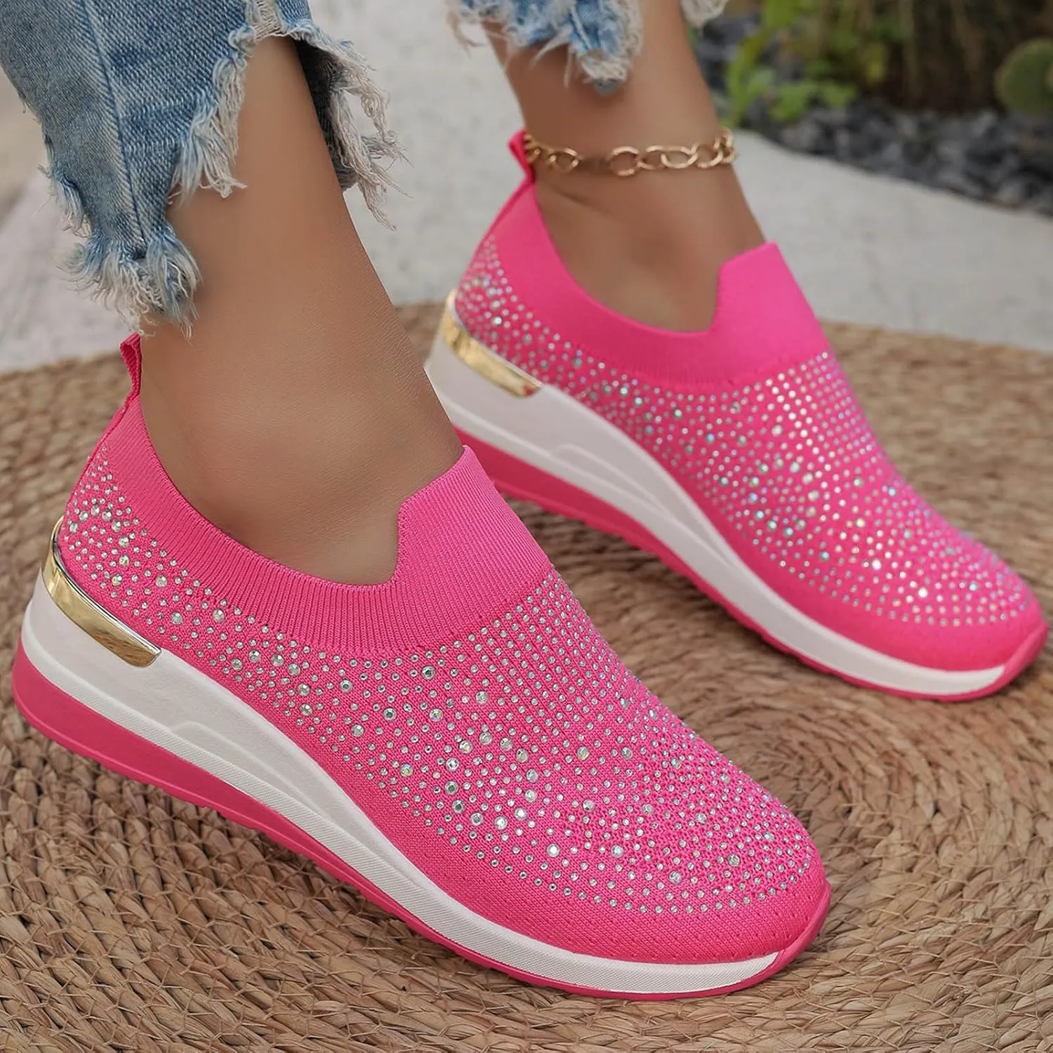 Women's Fashion Glitter Sneakers Platform Wedge Shoes Sparkly Rhinestone Mesh Slip-on Sneakers Breathable Spakle Shoes