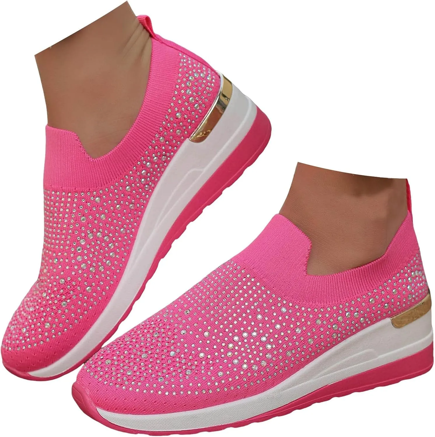 Women's Fashion Glitter Sneakers Platform Wedge Shoes Sparkly Rhinestone Mesh Slip-on Sneakers Breathable Spakle Shoes