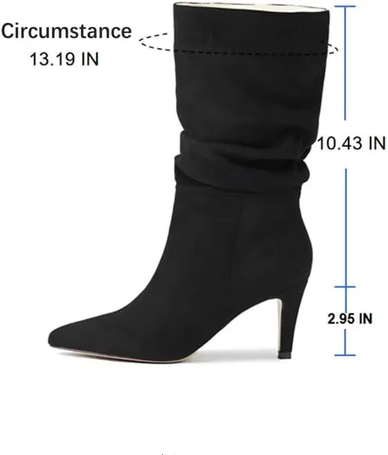 Women's Fashion Mid Calf Boots Pleated Suede Stiletto Pointed Toe High Heels Slouchy Slip On Ankle Boot For Dress