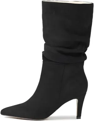 Women's Fashion Mid Calf Boots Pleated Suede Stiletto Pointed Toe High Heels Slouchy Slip On Ankle Boot For Dress