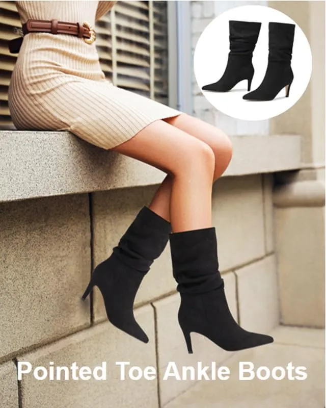 Women's Fashion Mid Calf Boots Pleated Suede Stiletto Pointed Toe High Heels Slouchy Slip On Ankle Boot For Dress