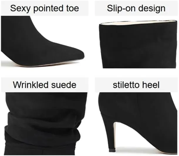 Women's Fashion Mid Calf Boots Pleated Suede Stiletto Pointed Toe High Heels Slouchy Slip On Ankle Boot For Dress