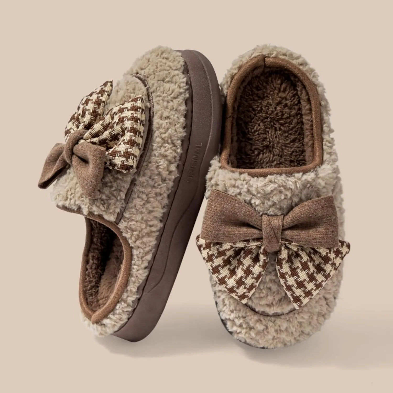 Women's Fleece Bow House Slippers Soft Plush Comfy Cozy Slip On Indoor Slipper with Bows Winter Warm Cute Bow Tie Fuzzy Bedroom Shoes Non Slip