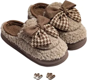 Women's Fleece Bow House Slippers Soft Plush Comfy Cozy Slip On Indoor Slipper with Bows Winter Warm Cute Bow Tie Fuzzy Bedroom Shoes Non Slip