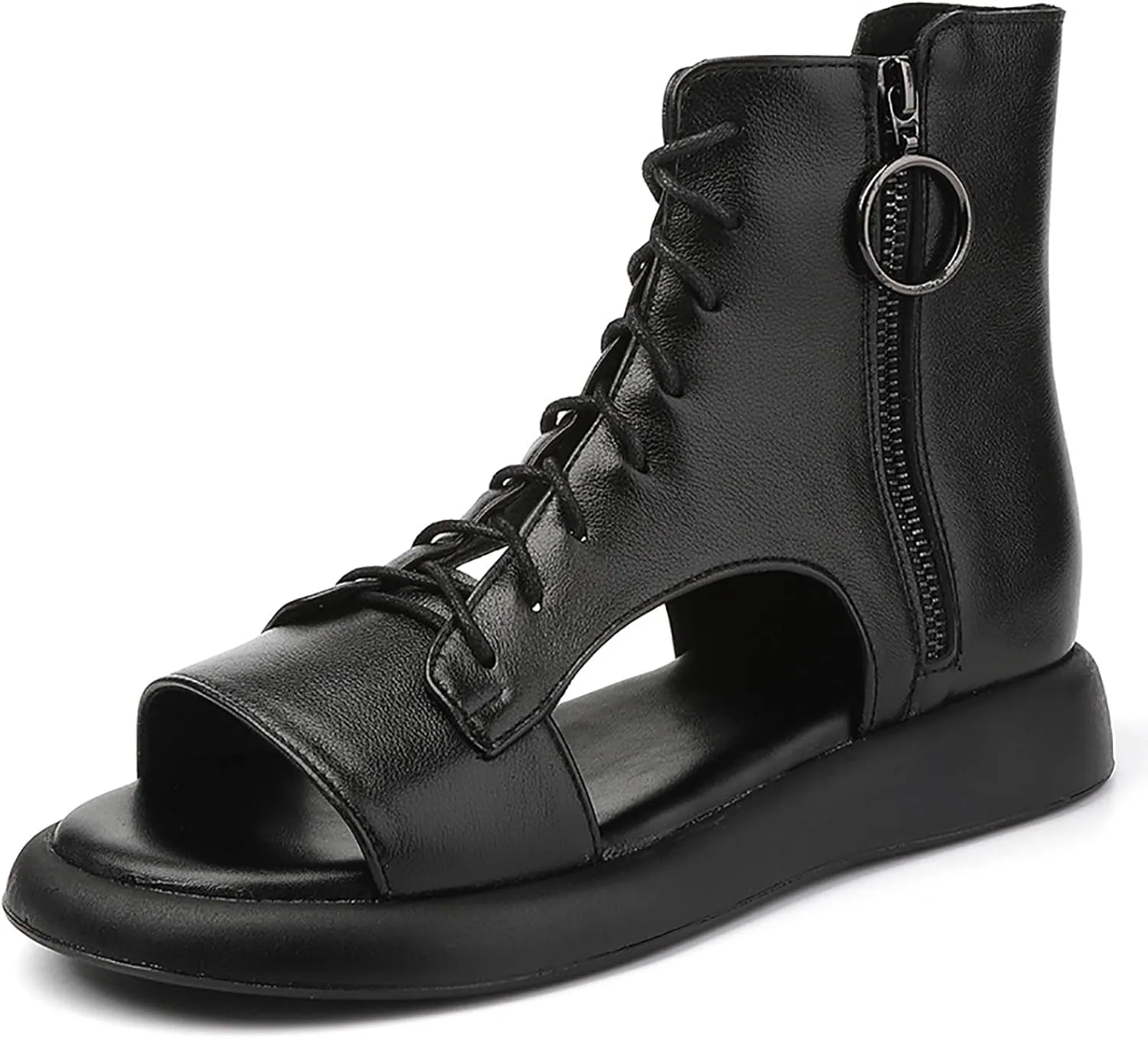 Women's Genuine Leather Lace Up Gladiator Sandals With Side Zipper Retro Comfort Open Round Toe Anti-slip Platform Roman Sandals Summer Hollow Out Y2K Boots Sandals