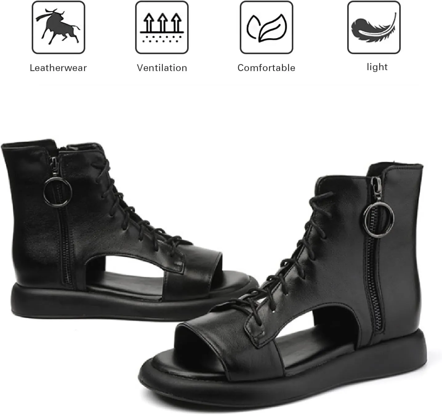 Women's Genuine Leather Lace Up Gladiator Sandals With Side Zipper Retro Comfort Open Round Toe Anti-slip Platform Roman Sandals Summer Hollow Out Y2K Boots Sandals