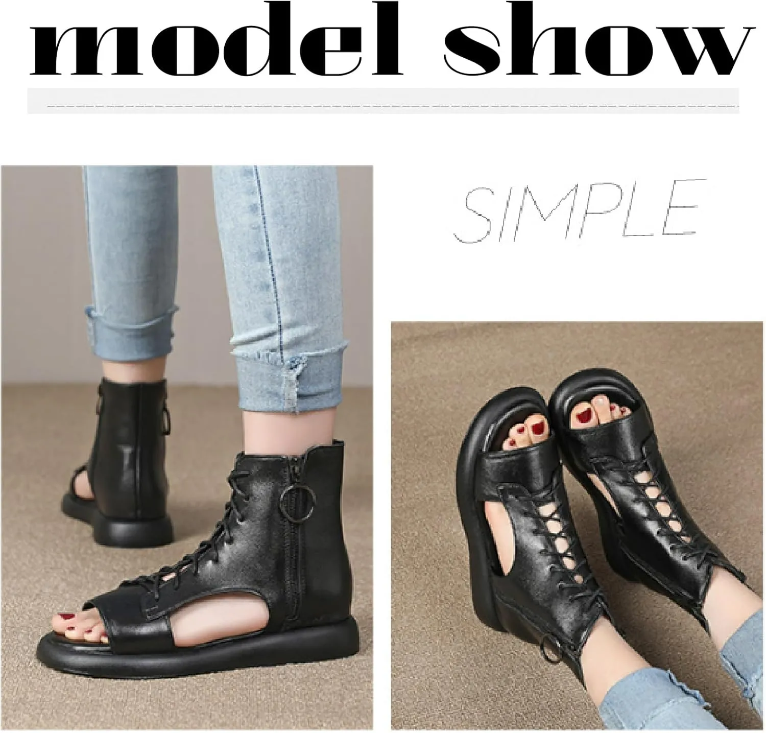 Women's Genuine Leather Lace Up Gladiator Sandals With Side Zipper Retro Comfort Open Round Toe Anti-slip Platform Roman Sandals Summer Hollow Out Y2K Boots Sandals