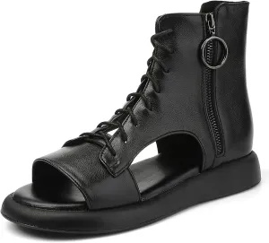 Women's Genuine Leather Lace Up Gladiator Sandals With Side Zipper Retro Comfort Open Round Toe Anti-slip Platform Roman Sandals Summer Hollow Out Y2K Boots Sandals