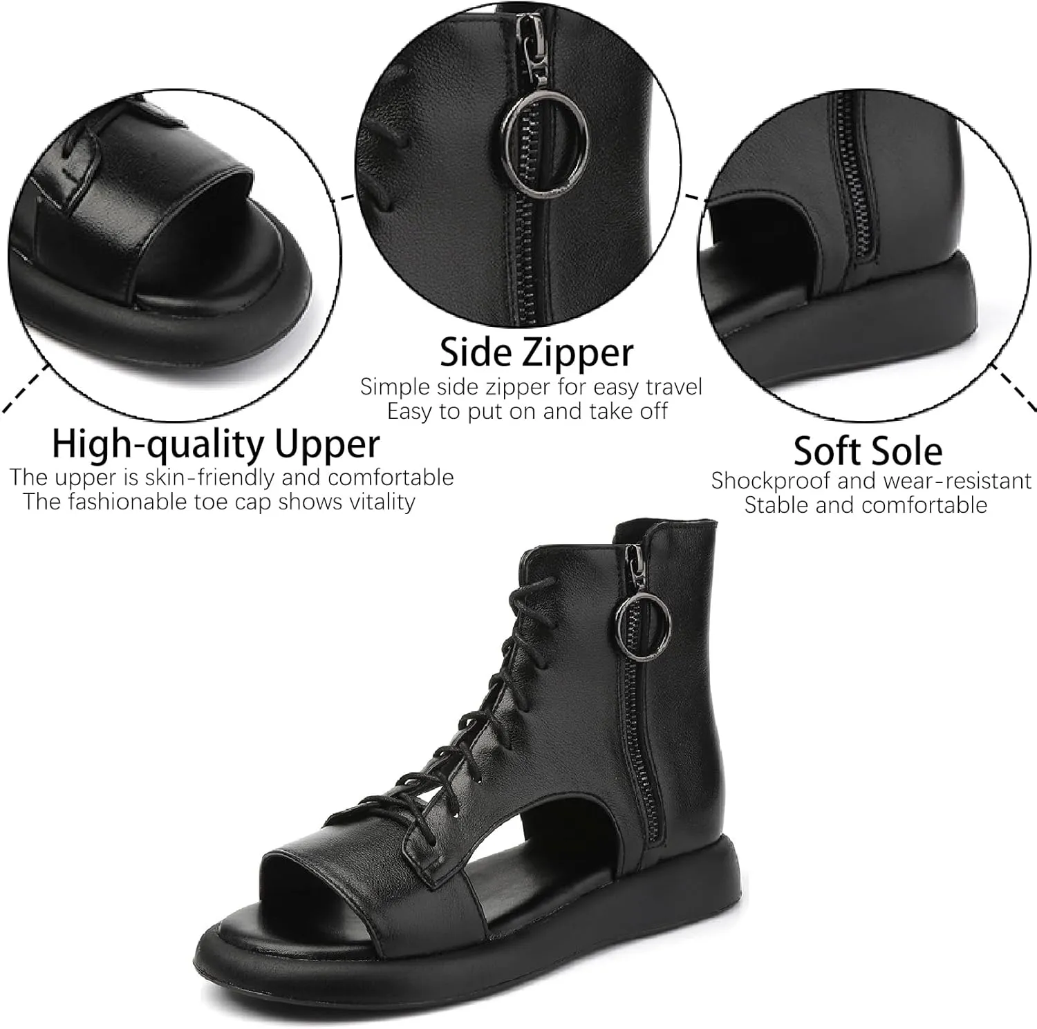 Women's Genuine Leather Lace Up Gladiator Sandals With Side Zipper Retro Comfort Open Round Toe Anti-slip Platform Roman Sandals Summer Hollow Out Y2K Boots Sandals
