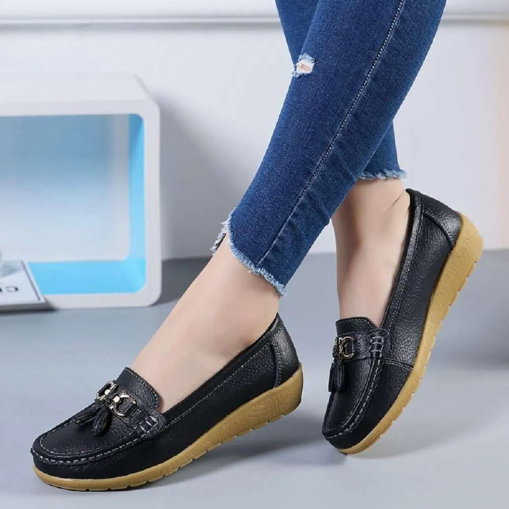 Women's Genuine Leather Platform Loafers Classic Casual Comfort Slip-On Shoes Soft Sole Dress Shoes