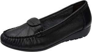 Women's Genuine Leather Soft Sole Ballerinas Slip-on Low Wedge Heel Mid-Aged Walking Shoes