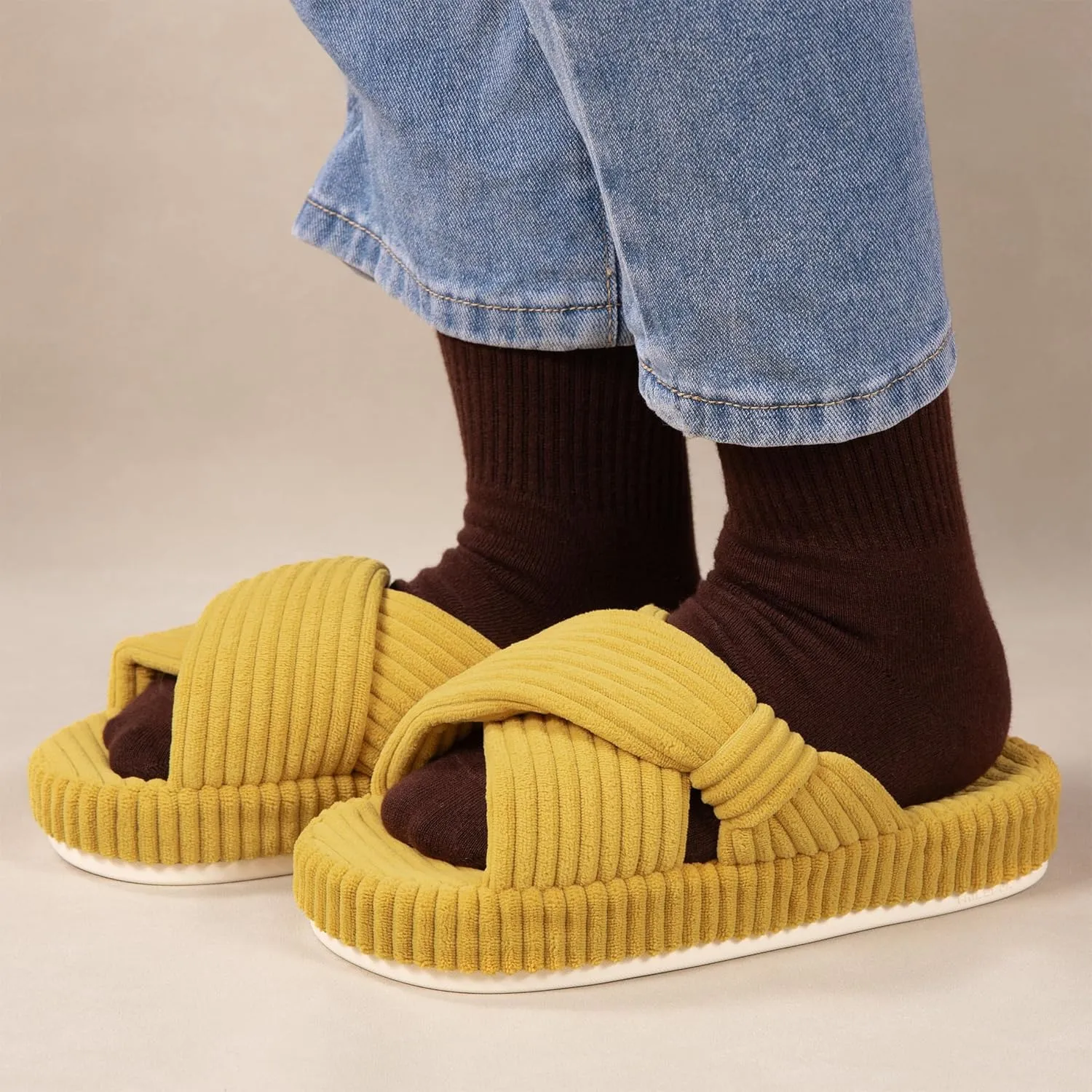 Women's House Slippers Corduroy Indoor Slippers Memory Foam Bedroom Open Toe Slippers Cross Band House Shoes