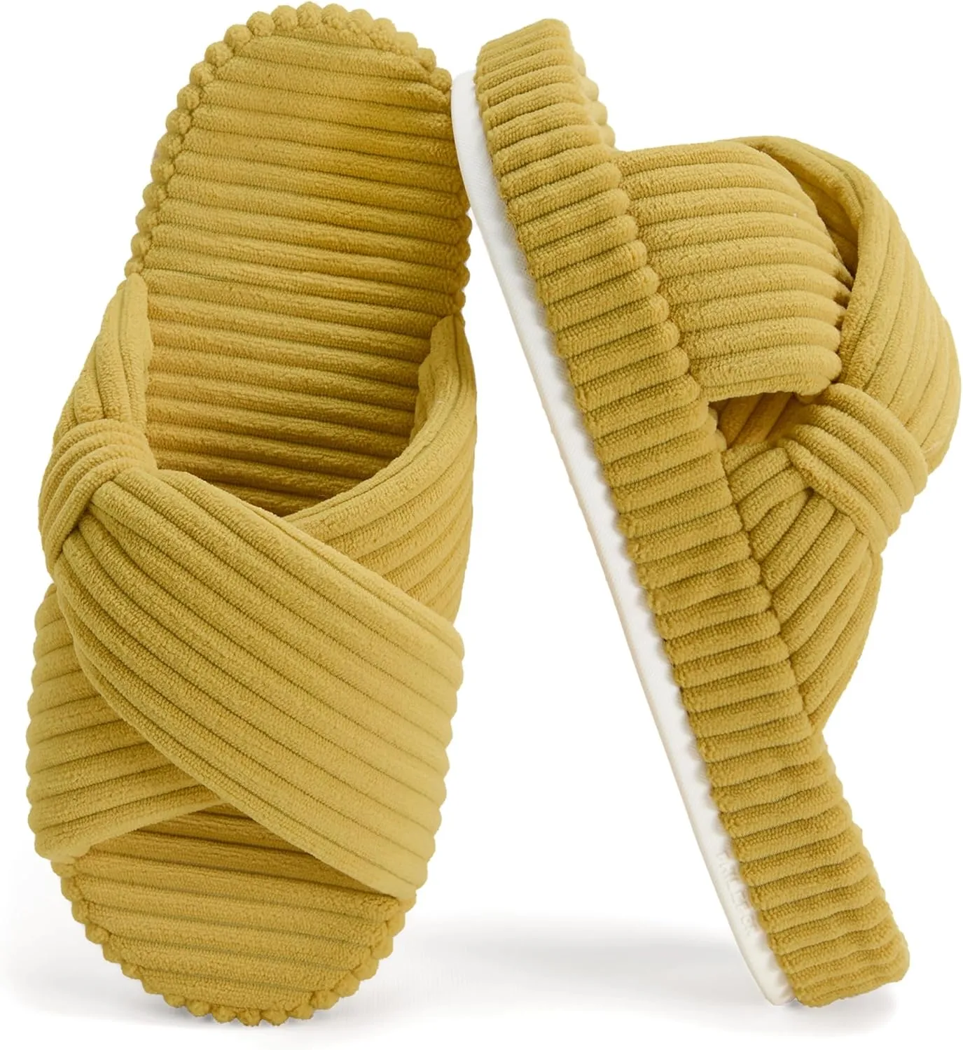 Women's House Slippers Corduroy Indoor Slippers Memory Foam Bedroom Open Toe Slippers Cross Band House Shoes
