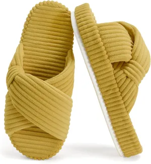 Women's House Slippers Corduroy Indoor Slippers Memory Foam Bedroom Open Toe Slippers Cross Band House Shoes