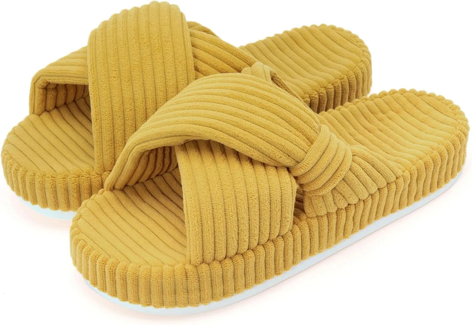 Women's House Slippers Corduroy Indoor Slippers Memory Foam Bedroom Open Toe Slippers Cross Band House Shoes