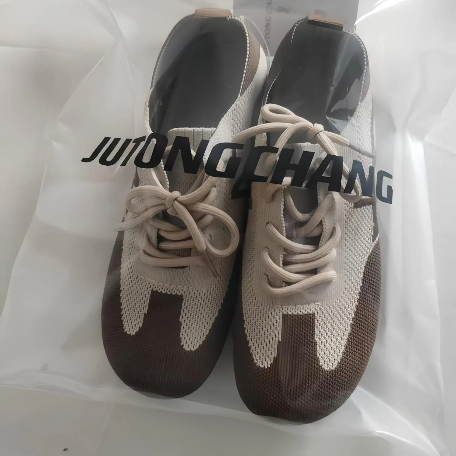 Women's Knit Athletic Sneakers, Two-Tone BrownBeige, Lace-up Casual Walking Shoes