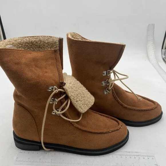 Women's Lace Up Ankle Boots Lightweight Walking Flat Mid Calf Boot Shoes Brown