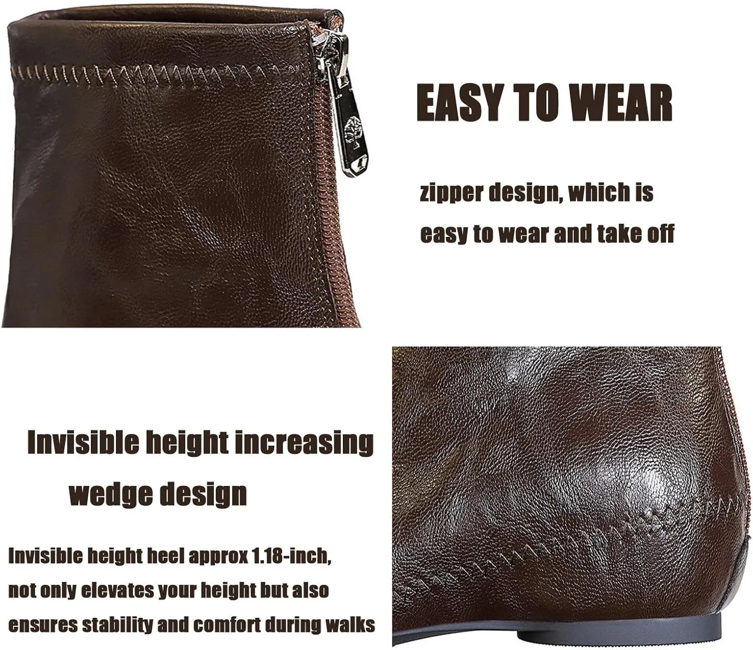 Women's Leather Flat Wedge Ankle Boots with Back Zipper Retro Comfortable Pointed Toe Internal Height Increase Fall Winter Dress Short Boots