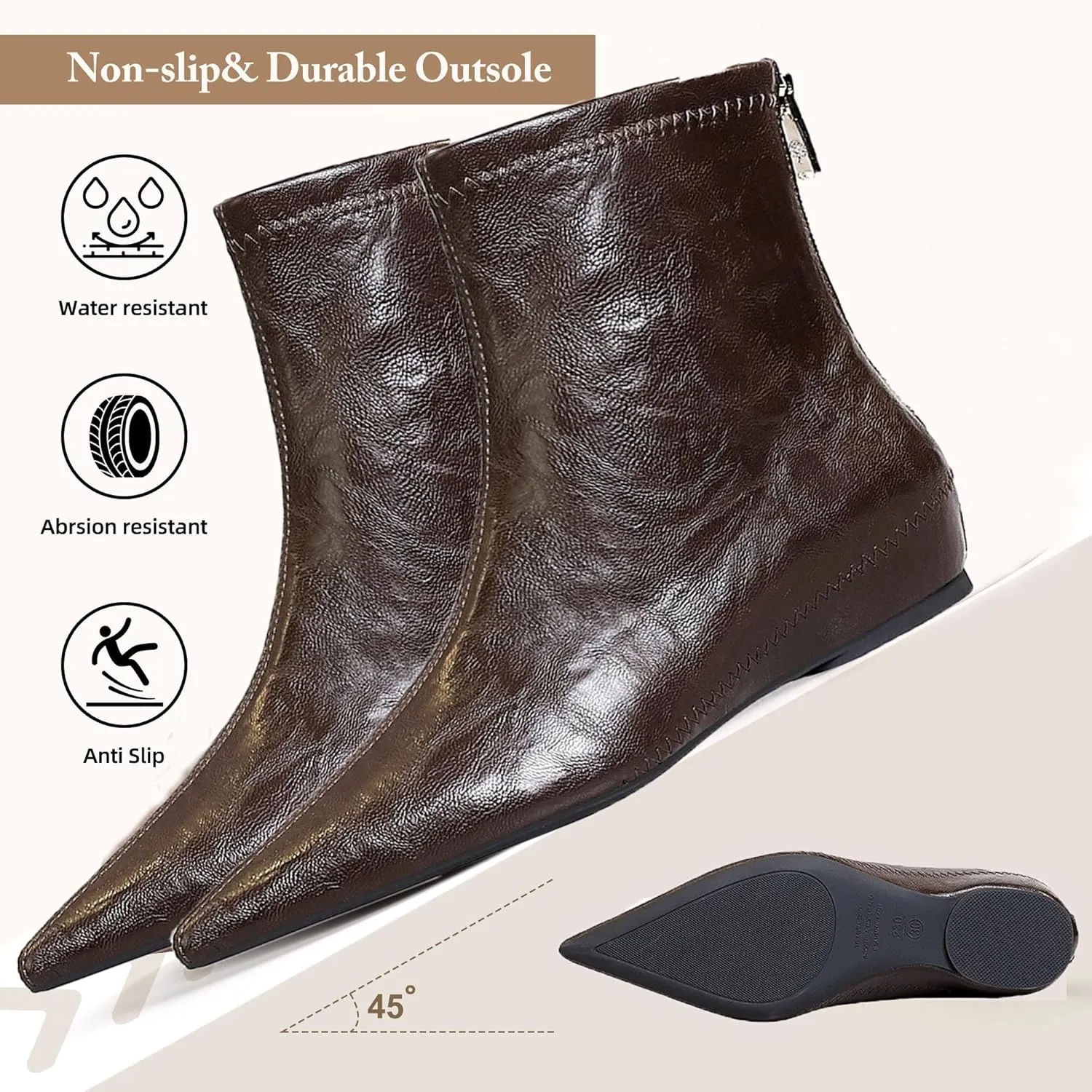 Women's Leather Flat Wedge Ankle Boots with Back Zipper Retro Comfortable Pointed Toe Internal Height Increase Fall Winter Dress Short Boots