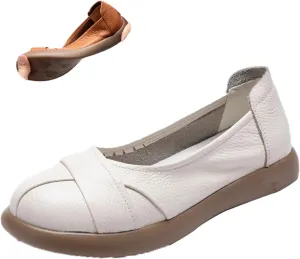 Women's Leather Slip-On Dress Flat Shoes,Comfort Closed Round Toe Non-Slip Soft Sole Oxford Casual Walking Pumps