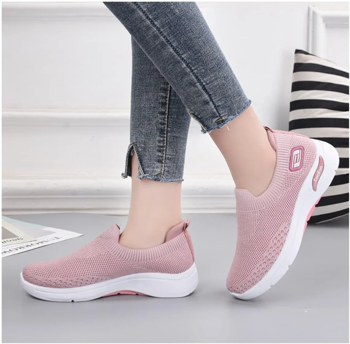 Women's Lightweight Slip-On Walking Shoes - Breathable Athletic Tennis Sneakers with Soft Knitted Fabric for Casual Gym Running of All Ages