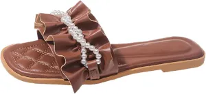 Women's Pearl Ruffled Square Open Toe Slides Sandals Fashionable Soft Flats Memory Foam Slip On Anti-Slip Dress Wedding Slippers