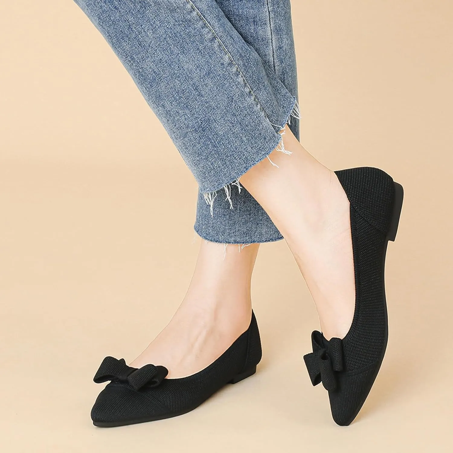 Women's Pointed Toe Knit Bow Ballet Flat Comfortable Breathable Mesh Slip On Work Office Dress Shoes Lightweight Non-Slip Mam Nurse Walking Shoes