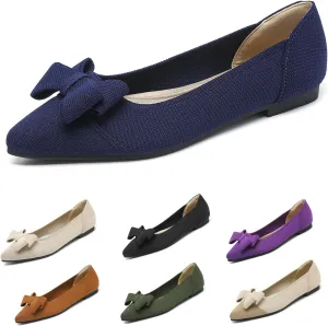 Women's Pointed Toe Knit Bow Ballet Flat Comfortable Breathable Mesh Slip On Work Office Dress Shoes Lightweight Non-Slip Mam Nurse Walking Shoes
