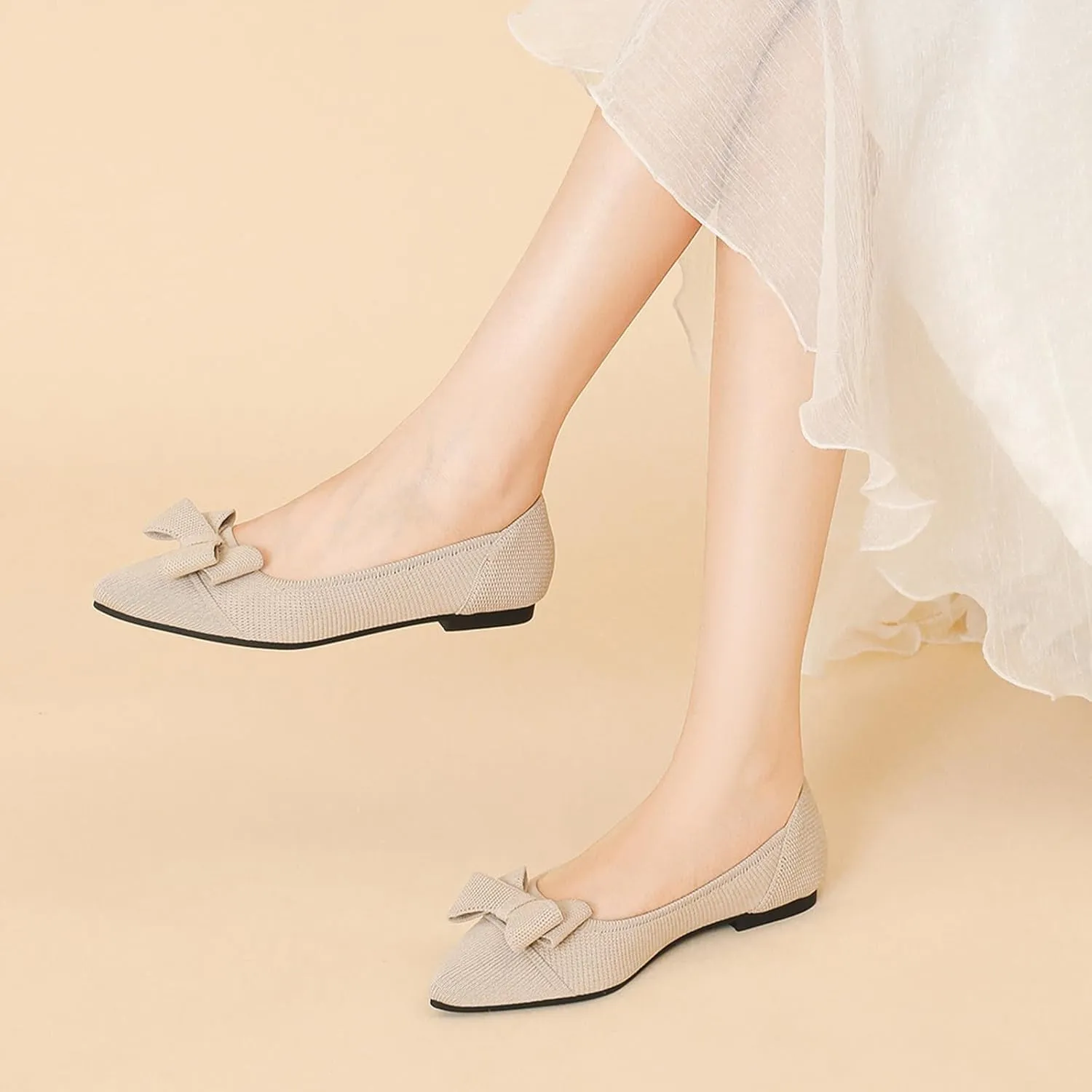 Women's Pointed Toe Knit Bow Ballet Flat Comfortable Breathable Mesh Slip On Work Office Dress Shoes Lightweight Non-Slip Mam Nurse Walking Shoes