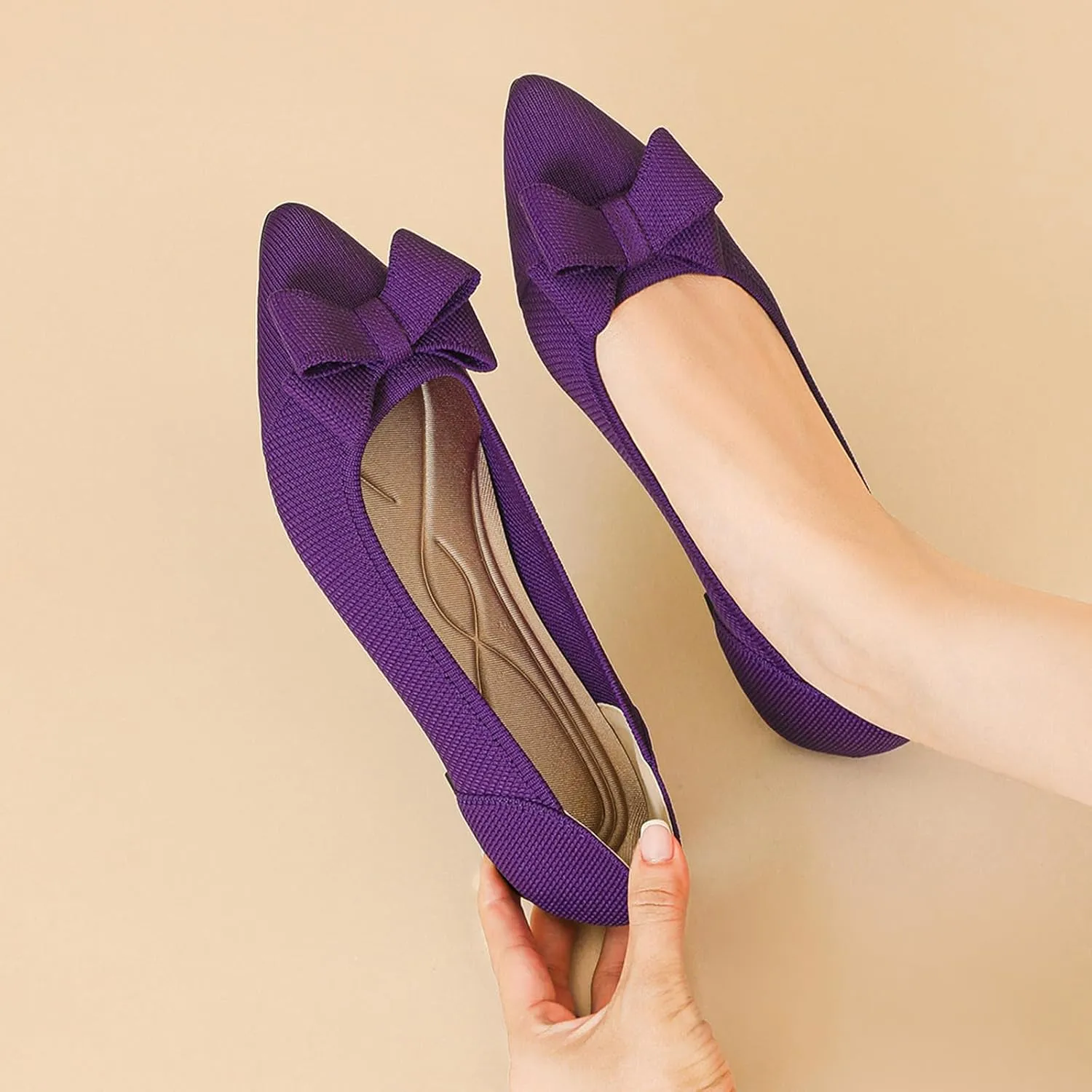 Women's Pointed Toe Knit Bow Ballet Flat Comfortable Breathable Mesh Slip On Work Office Dress Shoes Lightweight Non-Slip Mam Nurse Walking Shoes