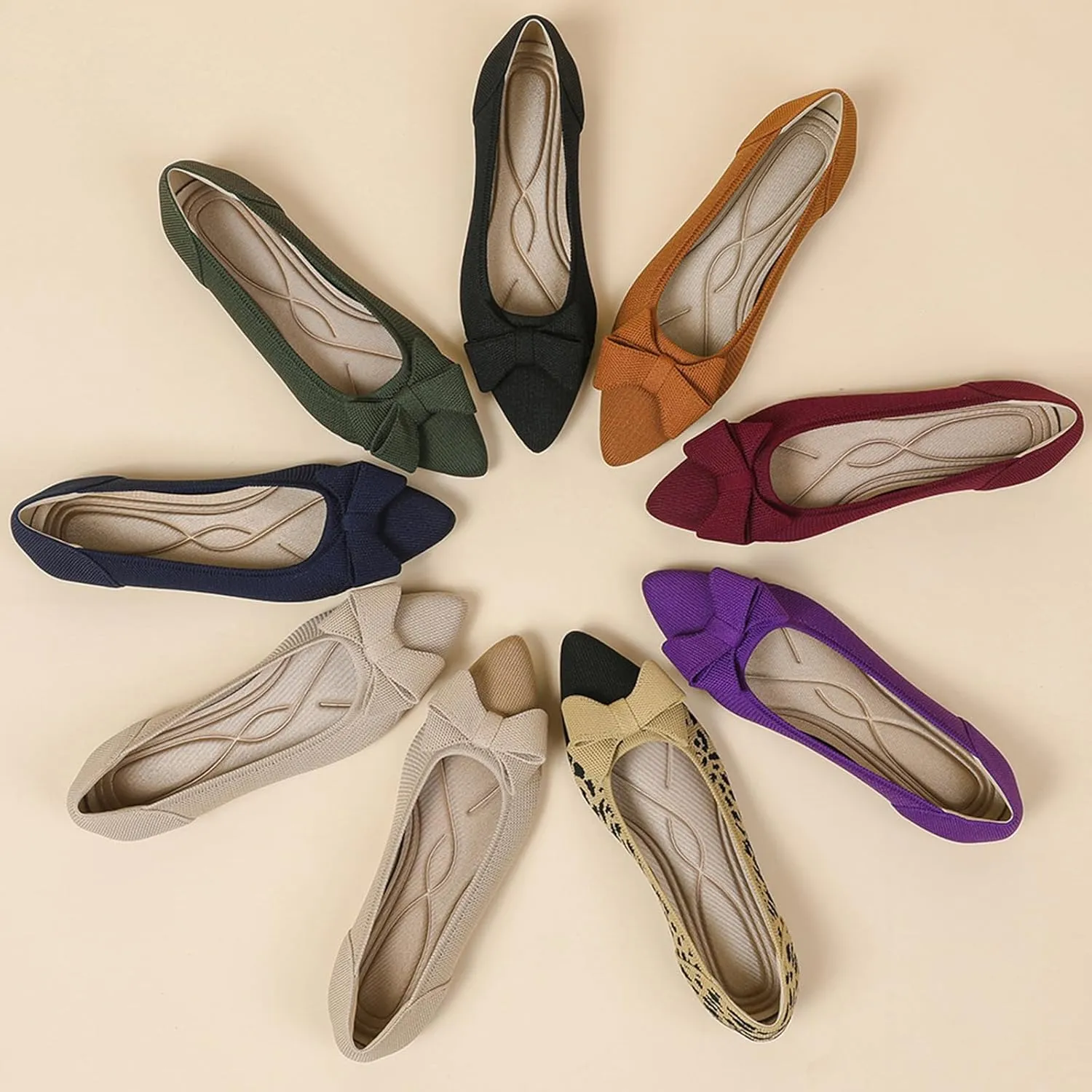Women's Pointed Toe Knit Bow Ballet Flat Comfortable Breathable Mesh Slip On Work Office Dress Shoes Lightweight Non-Slip Mam Nurse Walking Shoes