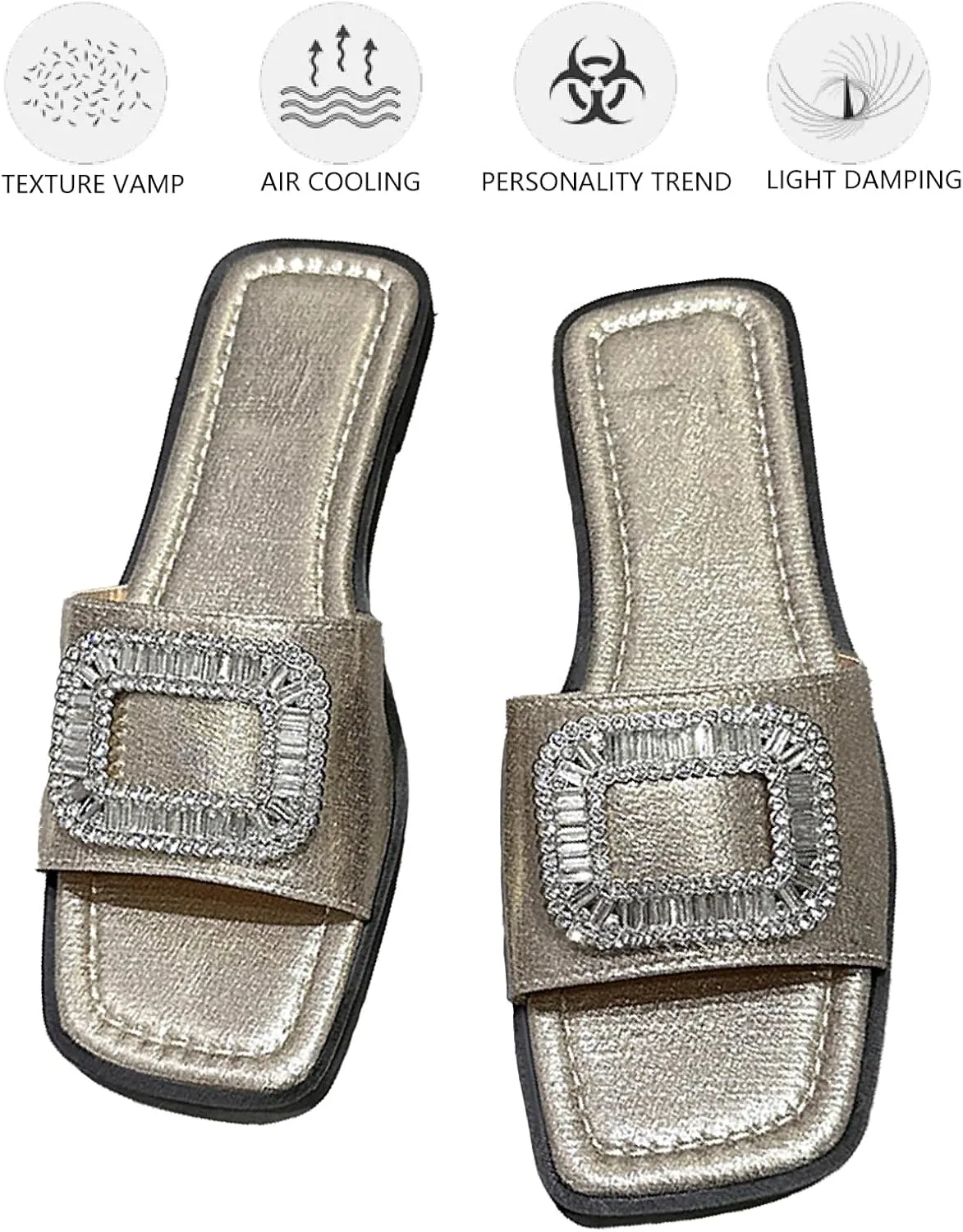 Women's Rhinestone Sequins Flat Slides Sandals Fashion Non-Slip Square Toe Slip On Summer Walking Slippers for Outdoor Beach Work Wedding Party