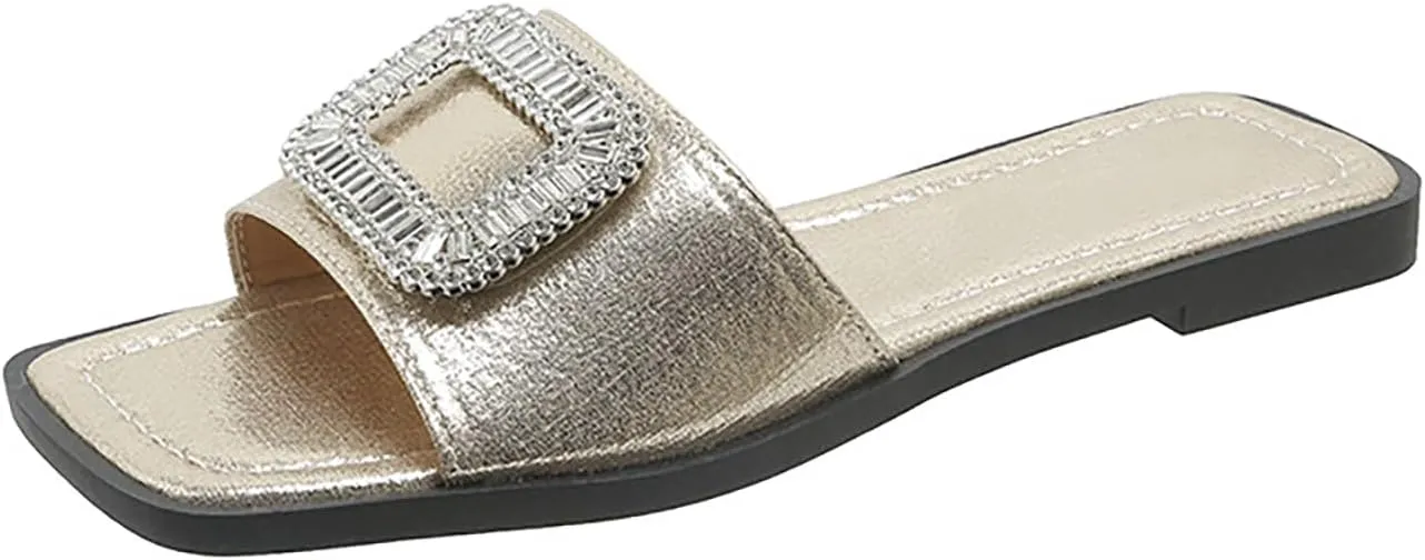 Women's Rhinestone Sequins Flat Slides Sandals Fashion Non-Slip Square Toe Slip On Summer Walking Slippers for Outdoor Beach Work Wedding Party