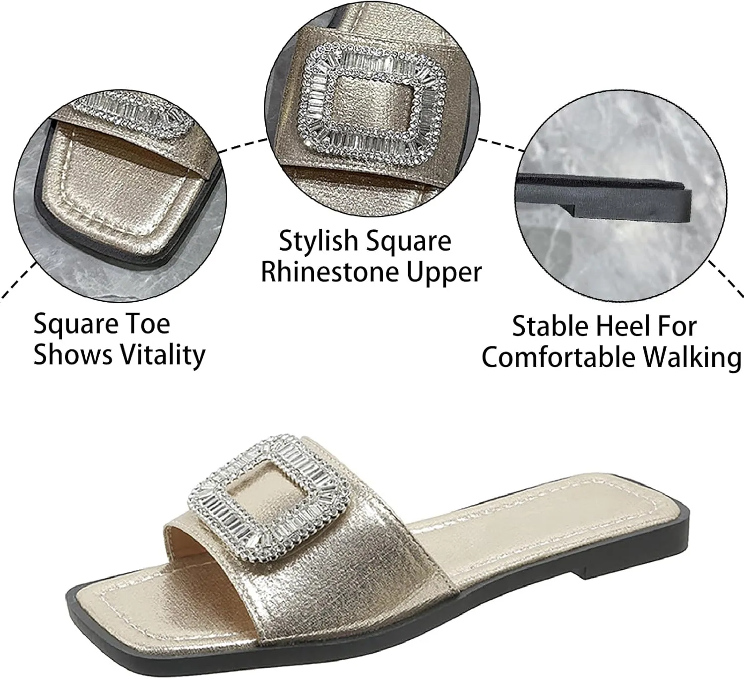 Women's Rhinestone Sequins Flat Slides Sandals Fashion Non-Slip Square Toe Slip On Summer Walking Slippers for Outdoor Beach Work Wedding Party
