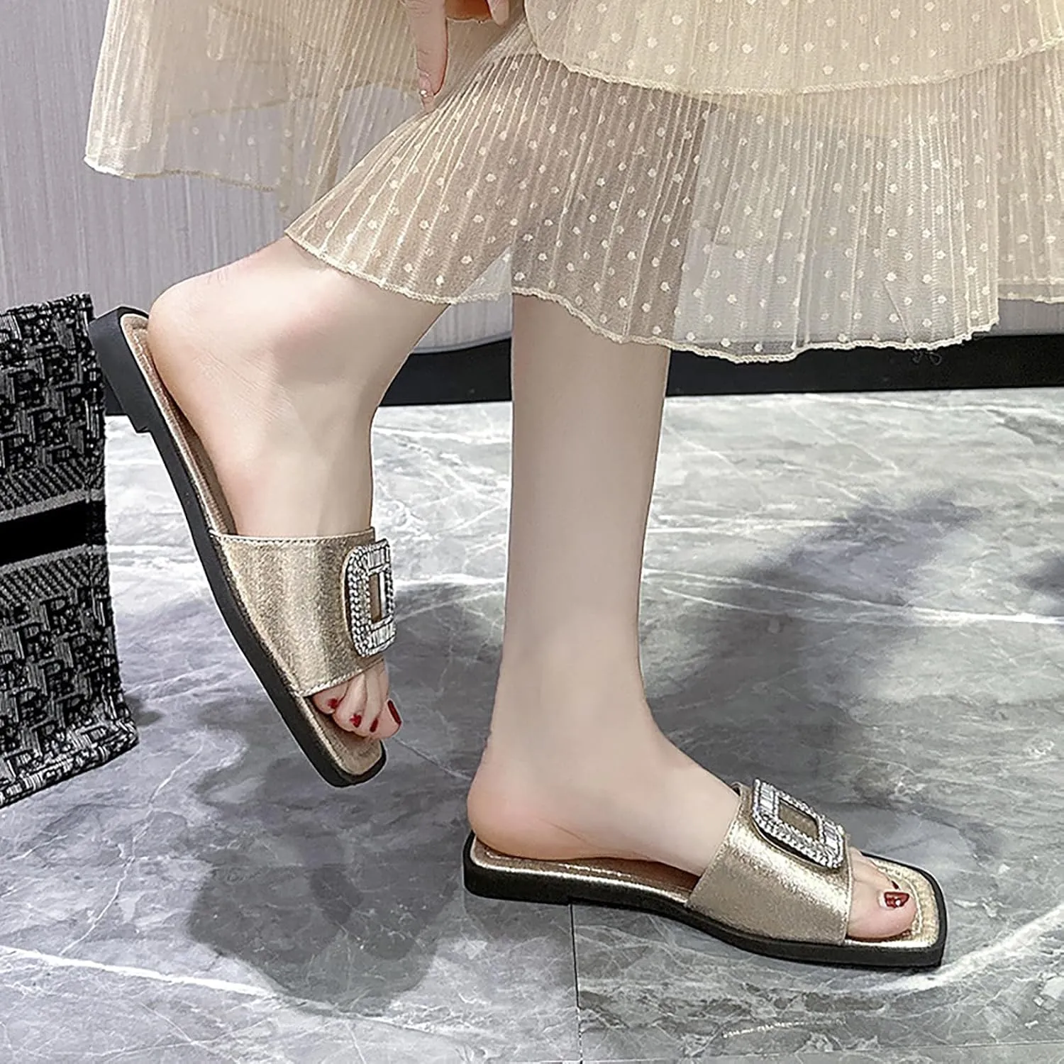 Women's Rhinestone Sequins Flat Slides Sandals Fashion Non-Slip Square Toe Slip On Summer Walking Slippers for Outdoor Beach Work Wedding Party