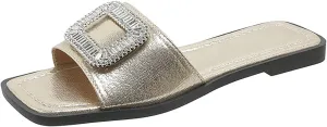 Women's Rhinestone Sequins Flat Slides Sandals Fashion Non-Slip Square Toe Slip On Summer Walking Slippers for Outdoor Beach Work Wedding Party