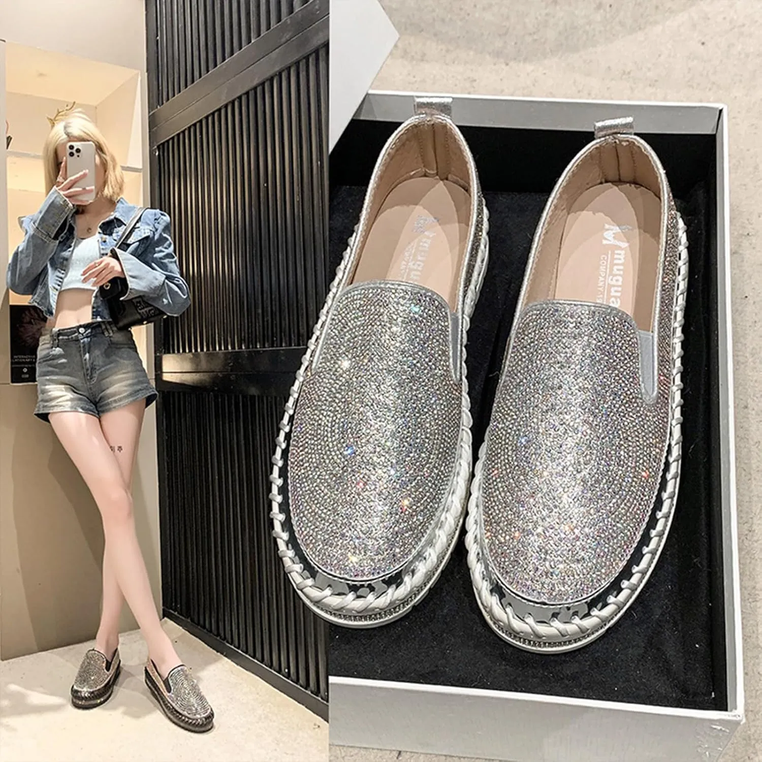 Women's Rhinestones Platform Loafer Comfort Round Wide Toe Slip On Sparkle Walking Shoes Handmade Non-Slip Fashion Sneakers